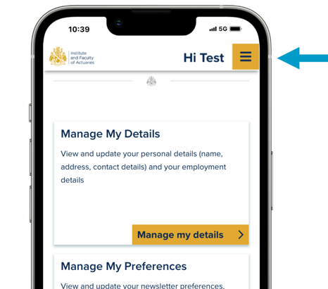 Member portal mobile screen with arrow pointing to menu in top right corner