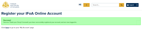 Screenshot of page when you complete registration. It reads: Success! You have successfully registered your account and are now logged in.'